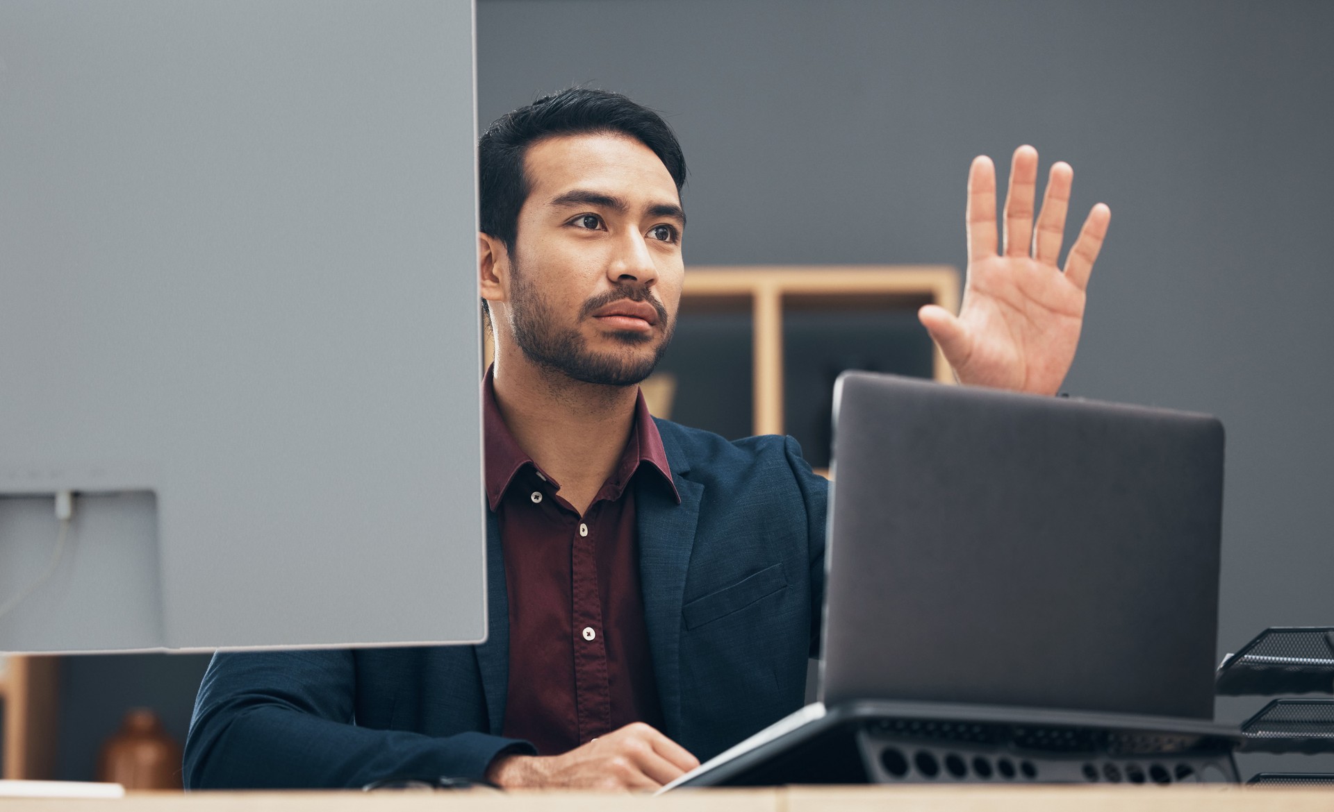 Laptop, virtual cyber gesture and man work on ux web design, app wireframe or website digital transformation. Information technology, dashboard hud and graphic designer rendering multimedia software